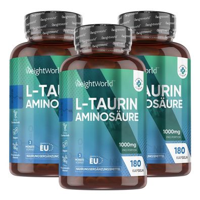 L Taurin Kapseln - 1000mg pro Tag - 180 vegane Kapseln - 3 Pack - WeightWorld