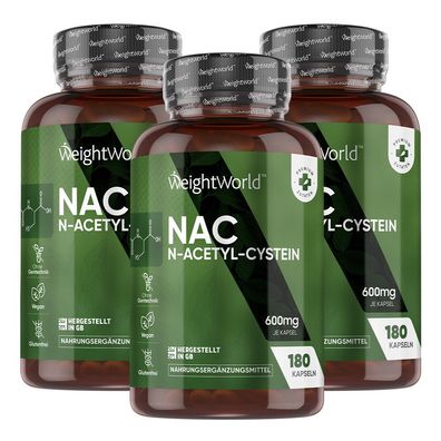 NAC - N-Acetyl L-Cystein -180 Kapseln - 600mg je Kapsel - 3 Pack - WeightWorld