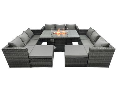 Fimous Rattan-Gartenmöbel Firepit Set Outdoor 11-Sitzer Esstisch Set mit Glasplatte