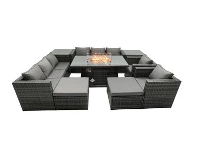 Fimous 10-Sitzer Garten Sofa Gas Feuertisch Set mit 2 Beistelltisch