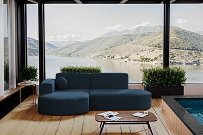 Ecksofa, ofa L-Form Designer Modena Studio Patio Stoff Artikel Marineblau Links