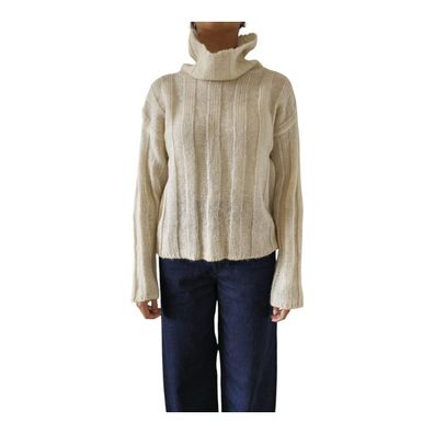 Rollkragenpullover Vintage Strickpullover Damen Mohair Beige S 36