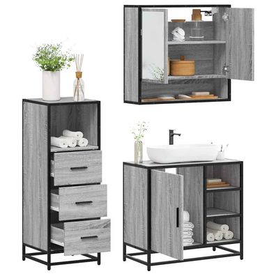 vidaXL 3-tlg. Badmöbel-Set Grau Sonoma Holzwerkstoff