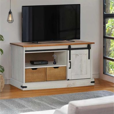 vidaXL TV-Schrank HALDEN mit Schiebetür Weiß 110x40x60 cm Massivholz