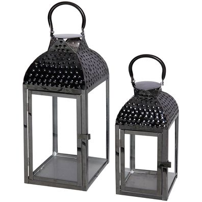 Design 2tlg Gartenlaternen Set Windlicht Edelstahl Schwarz poliert H35cm H46cm