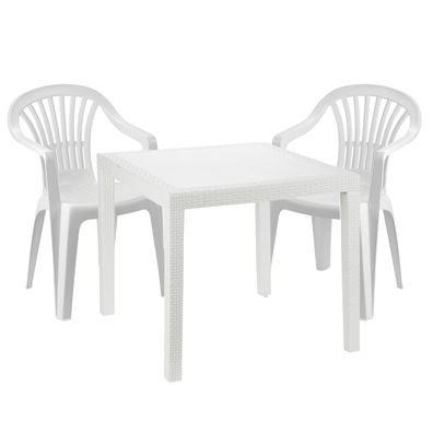 Mojawo 3-tlg Bistrogarnitur Kunststoff Bistrotisch 79x79cm + 2 Stapelstühle Weiß