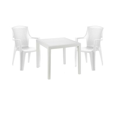 Mojawo 3-tlg Bistrogarnitur Kunststoff Bistrotisch 79x79cm + 2 Stapelstühle Weiß