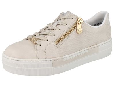 RIEKER Damen Sneaker Schnürschuhe Halbschuhe mit Reißverschluss beige weiß gold