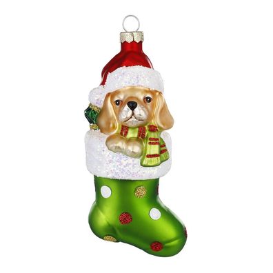 Christbaumschmuck Hund im Strumpf 14cm grün Inge-Glas