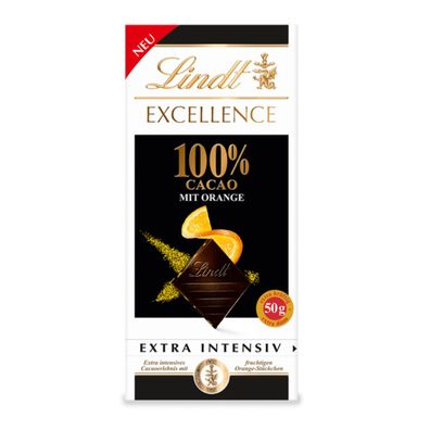 Lindt Excellence 100 Prozent Cacao mit Orange Feinherbe Schokolade 50g