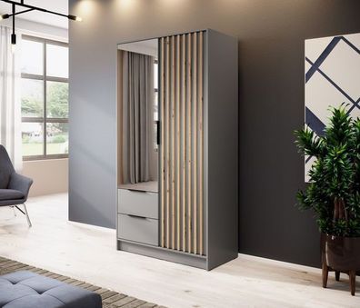 BETTSO Kleiderschrank mit Lamellen Spiegel und Schubladen Nelly 105 x 200 cm Grau