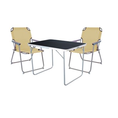 XL 3-tlg Camping Set Campingtisch Schwarz + 2 x Campingstuhl Klappstuhl Beige