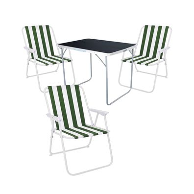 XL 4tlg Camping Set Campingtisch Schwarz + 3 x Campingstuhl Klappstuhl Grün-Weiß