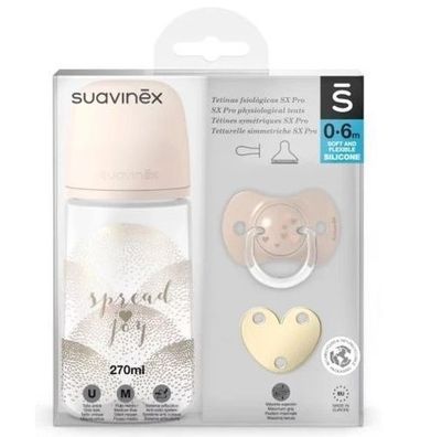 Suavinex Babyflaschen-Set mit Schnuller und Herz-Clip in Beige, 270 ml, fér Babys 0-6