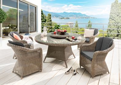 Destiny Sitzgruppe MALAGA LUNA 4 Sessel + Tisch Ø150x75cm + Drehteller natur meliert