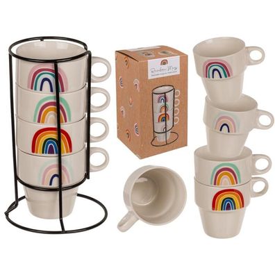 Stapelbare Tassen im Metallständer, Regenbogen,