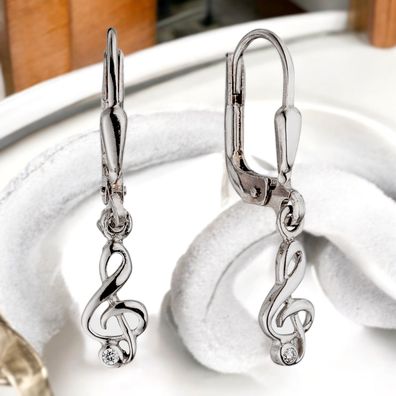 Boutons Notenschlüssel Musik 925 Sterling Silber 2 Zirkonia Ohrringe Ohrhänger