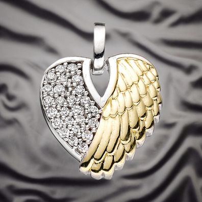 Anhänger Herz / Engelsflügel 925 Silber bicolor vergoldet mit Zirkonia