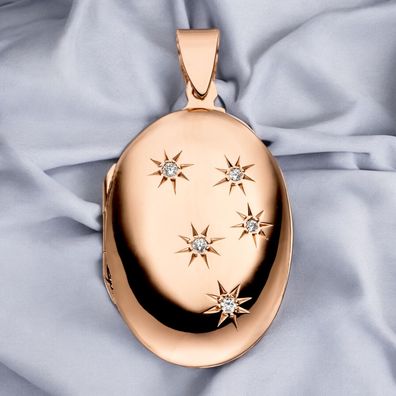 Medaillon oval für 2 Fotos 925 Silber rotgold vergoldet 5 Zirkonia zum Öffnen