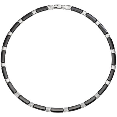 Collier Halskette aus schwarzer Keramik mit Edelstahl und Zirkonia 47 cm Kette