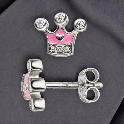 Kinder Ohrstecker Krone 925 Silber mit Zirkonia Ohrringe rosa Kinderohrringe