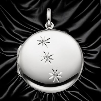 Medaillon rund zum Öffnen für 2 Fotos 925 Sterling Silber 3 Zirkonia