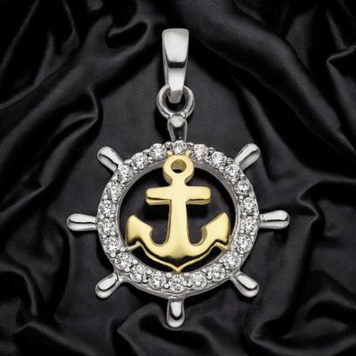 Anhänger Steuerrad Anker 925 Silber bicolor vergoldet 22 Zirkonia
