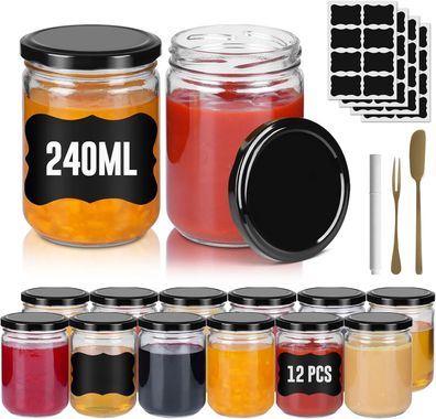 12PCS Marmeladengläser mit Schraubdeckel, Inkl. Etiketten & Stift Schwarze Deckel