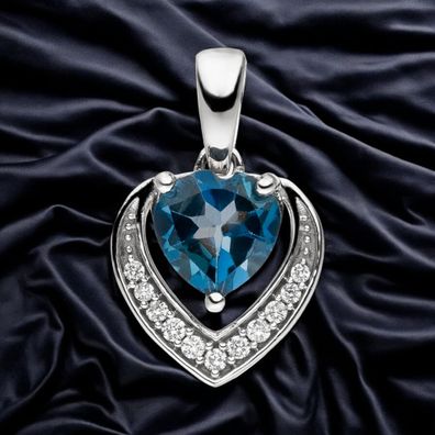 Anhänger Herz 585 Gold Weißgold 11 Diamanten Brillanten 1 Blautopas blau