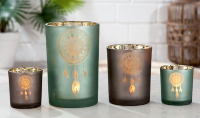 Gilde Windlicht "Traumfänger" Glas goldfarben, grau, grün 40430