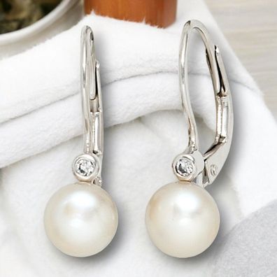 Boutons 925 Sterling Silber 2 Süßwasser Perlen 2 Zirkonia Ohrringe Ohrhänger