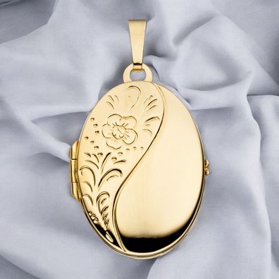 Medaillon oval Blumen 925 Sterling Silber gold vergoldet Anhänger zum Öffnen