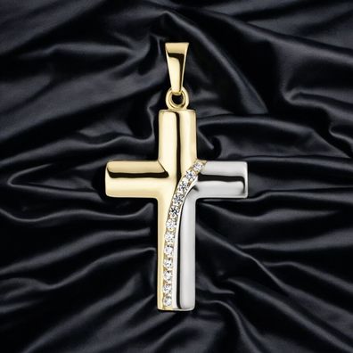 Anhänger Kreuz 333 Gold Gelbgold bicolor 12 Zirkonia Kreuzanhänger