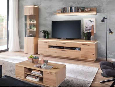 Wohnzimmer Burgos 44 Balkeneiche Bianco teilmassiv 4-teilig TV-Wand LED