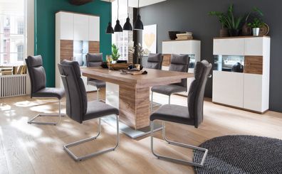 Esszimmer Lorenz 141 weiß Hochglanz + Stühle Picora grau Tisch