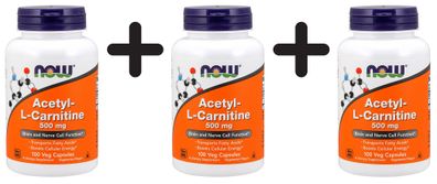 3 x NOW Foods Acetyl L-Carnitine, 500mg - 100 vcaps