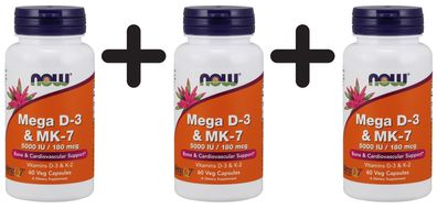 3 x NOW Foods Mega D-3 & MK-7 - 60 vcaps