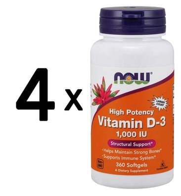 4 x NOW Foods Vitamin D-3, 1000 IU - 360 softgels