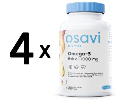 4 x Osavi Omega-3 Fish Oil, 1000mg (Unflavoured) - 60 softgels