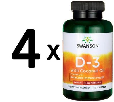 4 x Swanson Vitamin D-3 with Coconut Oil - 60 softgels