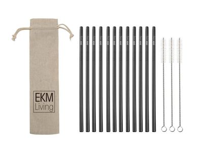 EKM Living Edelstahl Strohhalme 12er Set schwarz gerade GmbH, Trinkhalme, bruchfes