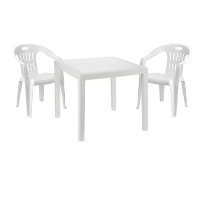 Mojawo 3-tlg Bistrogarnitur Kunststoff Bistrotisch 79x79cm + 2 Stapelstühle Weiß