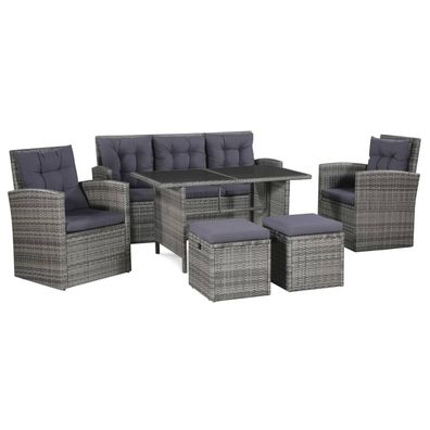 6-teiliges Garten-Loungestuhl Gartentisch- und Stuhlset mit Auflagen Poly Rattan Grau