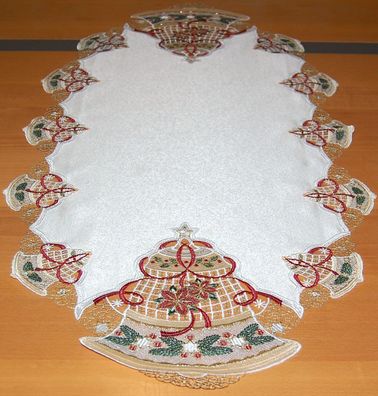 Plauener SPITZE Tischläufer Weihnachten Oval 45x100 cm Stickerei Weihnachtsglocke