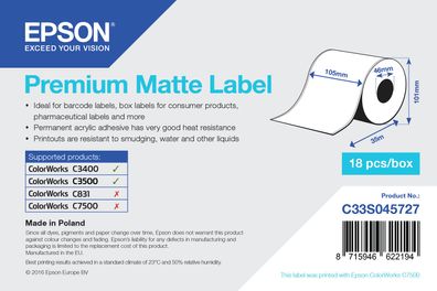 Epson Etikettenrolle 105mm 35 Meter weiss matt