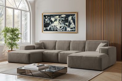 Sofa U-Form Siena, U-förmiges Ecksofa, Stoff Salvador Dunkelbeige