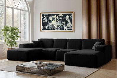 Sofa U-Form Siena, U-förmiges Ecksofa, Stoff Salvador Schwarz