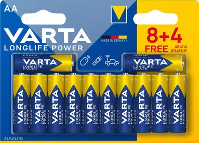VARTA 04906 121 472 Alkaline Batterie "High Energy", Mignon AA, 8 + 4 GRATIS