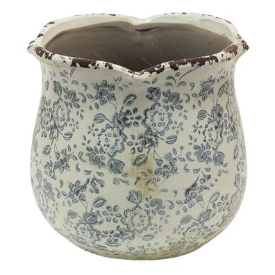 Clayre & Eef Blumentopf Ø 17x16 cm Grau Beige Keramik Blumen (Gr. Ø 17x16 cm)