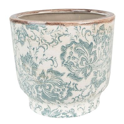 Clayre & Eef Blumentopf Ø 17x15 cm Grün Beige Keramik Blumen (Gr. Ø 17x15 cm)
